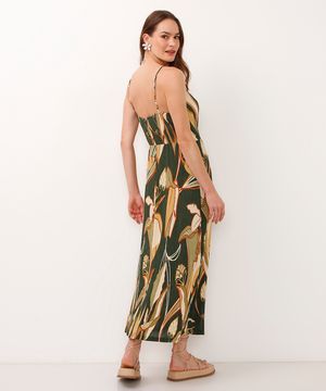 vestido midi alça fina folhagem verde