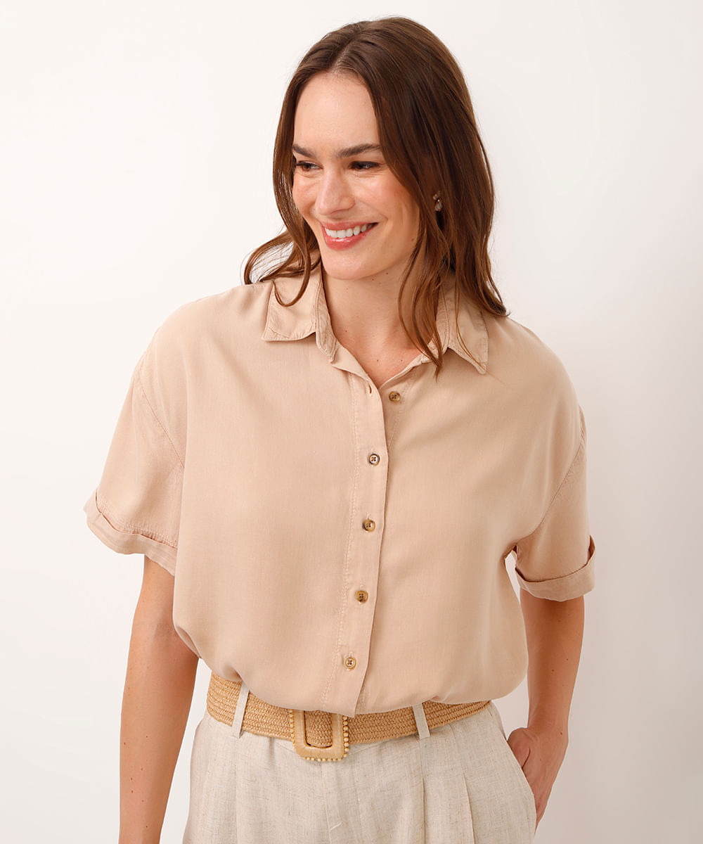 camisa de liocel manga curta bege