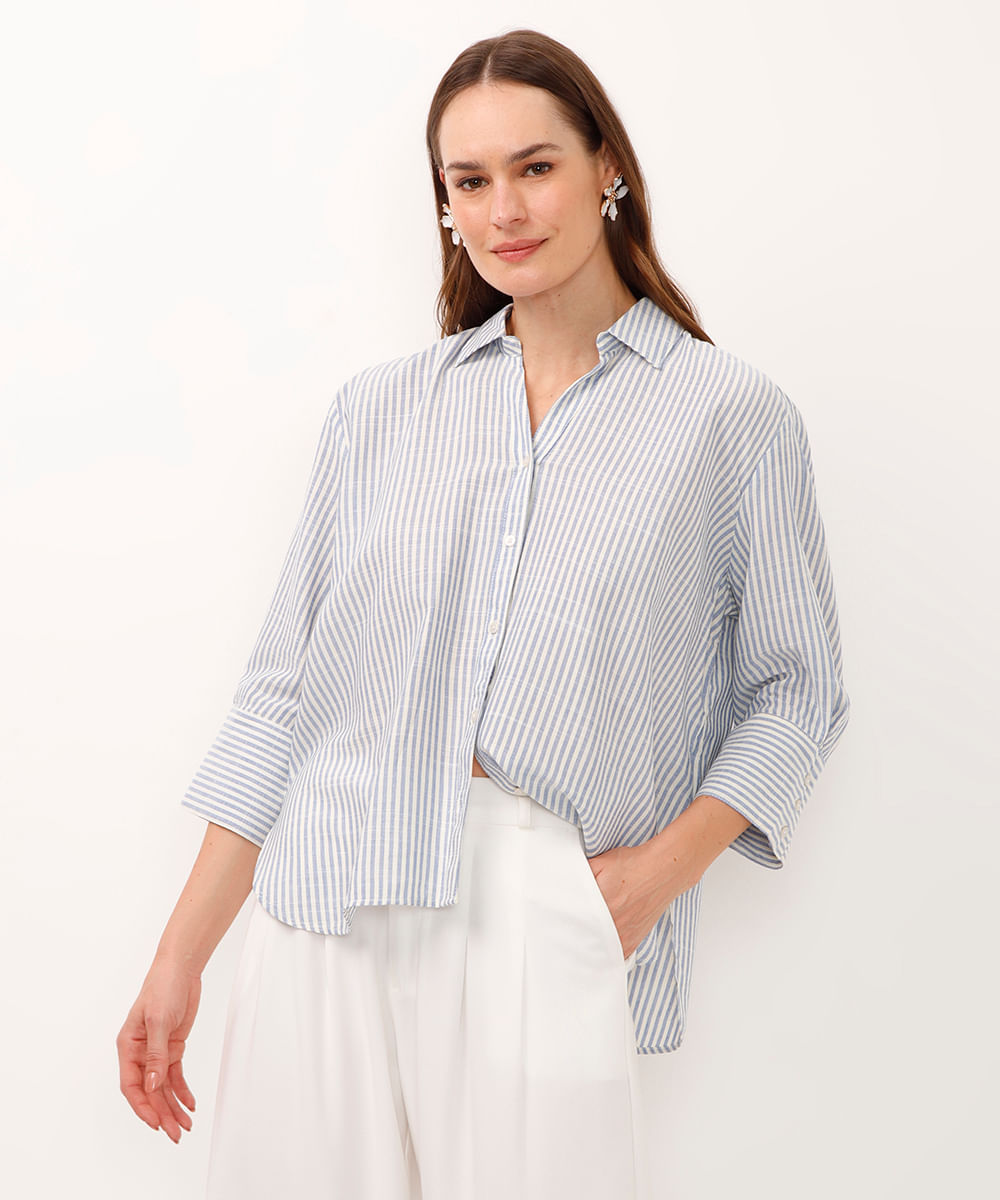 camisa de viscose listrada off white