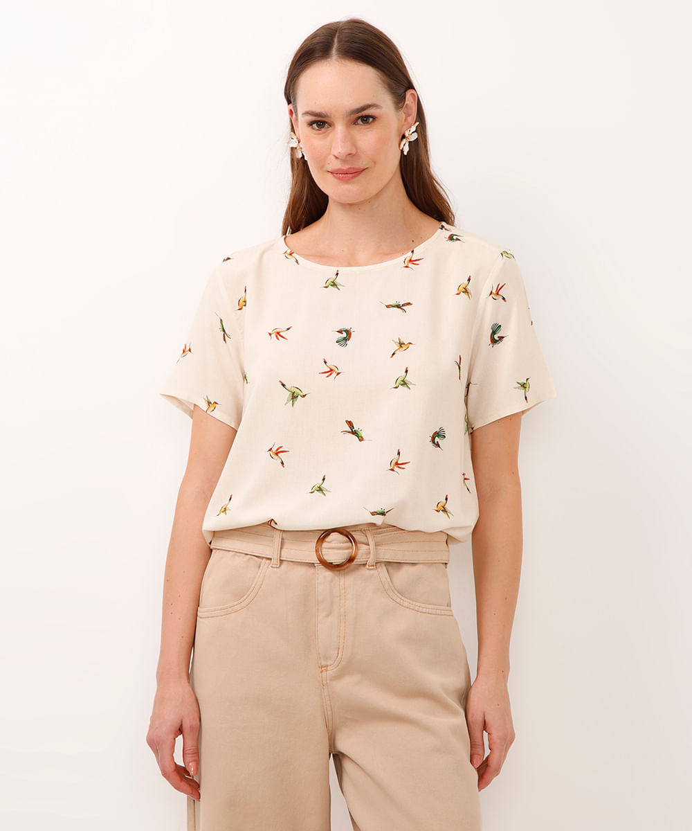blusa de viscose manga curta beija flor bege