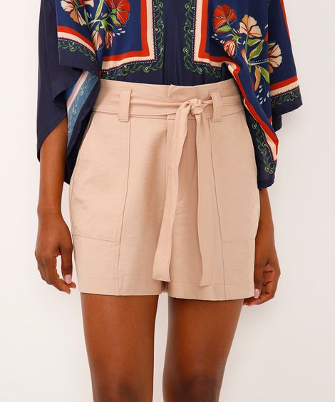 short mom de alfaiataria com cinto faixa bege