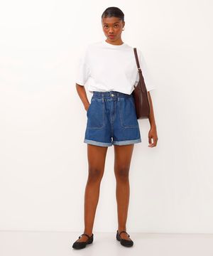 short clochard jeans cintura alta com bolsos azul