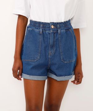 short clochard jeans cintura alta com bolsos azul