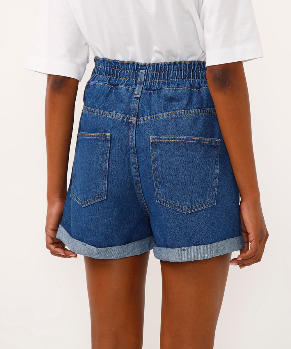 short clochard jeans cintura alta com bolsos azul