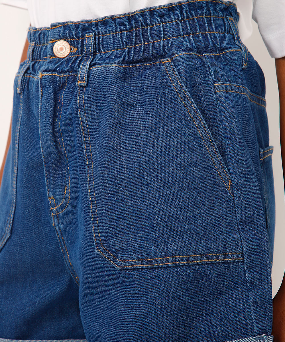 short clochard jeans cintura alta com bolsos azul