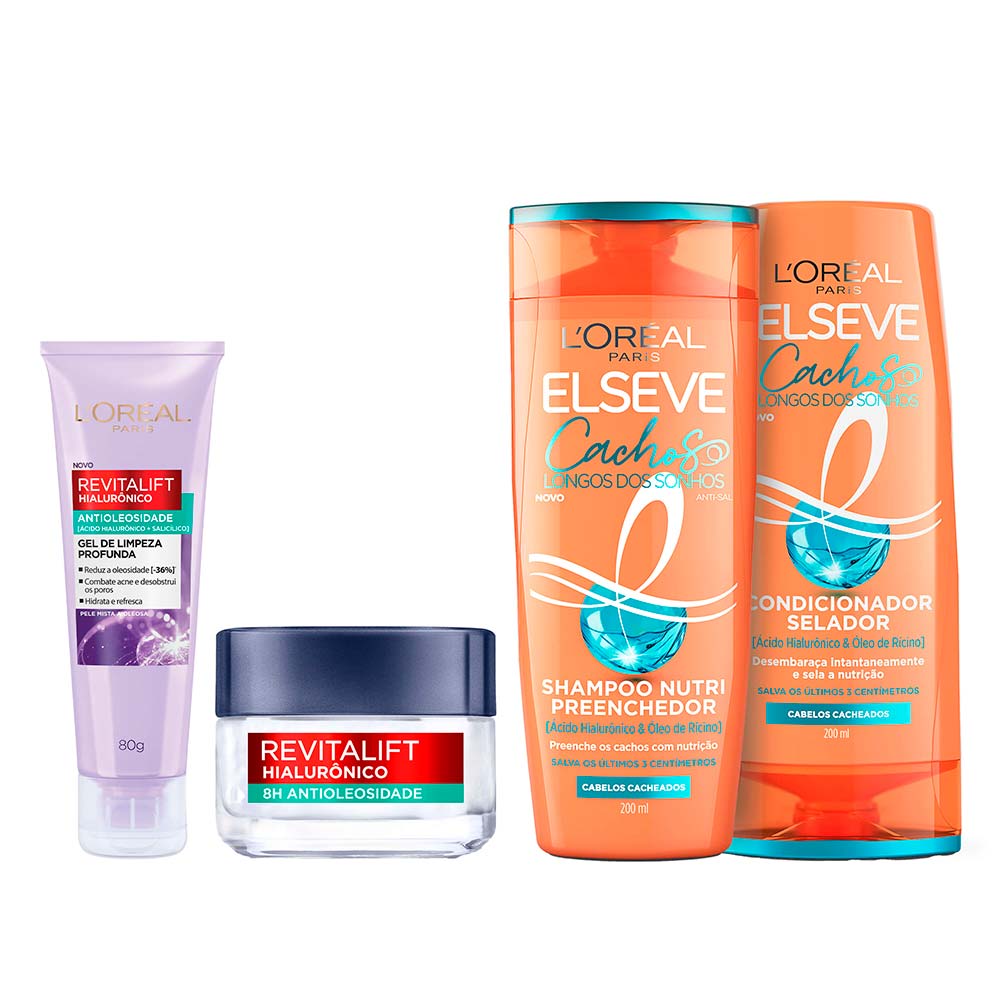 L’Oréal Paris Kit – Gel de Limpeza Facial Profunda Antioleosidade + Gel Creme Facial Antioleosidade + Shampoo e Condicionador Elseve Cachos