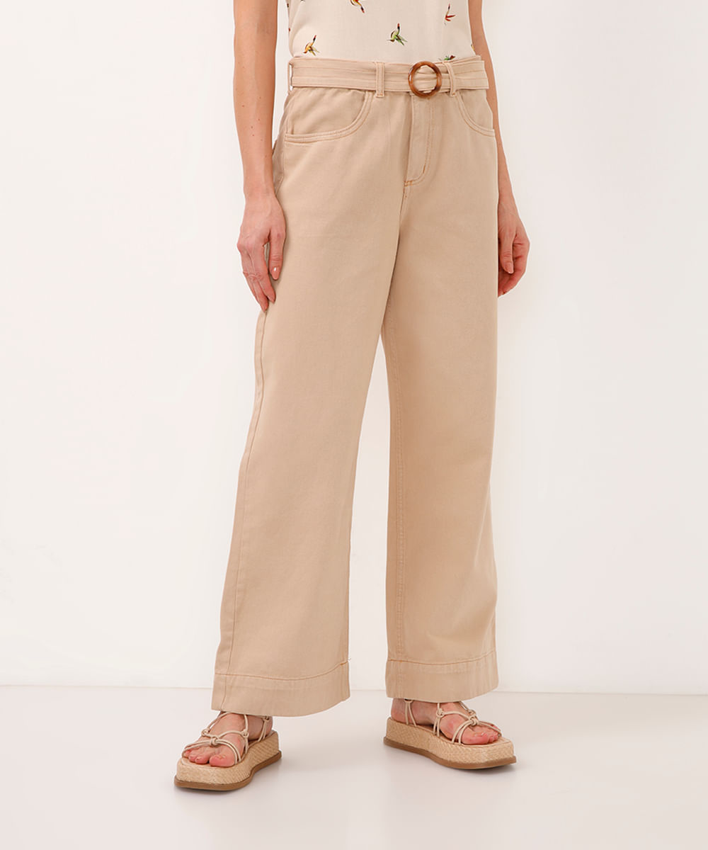 calça de sarja wide leg cropped com cinto bege