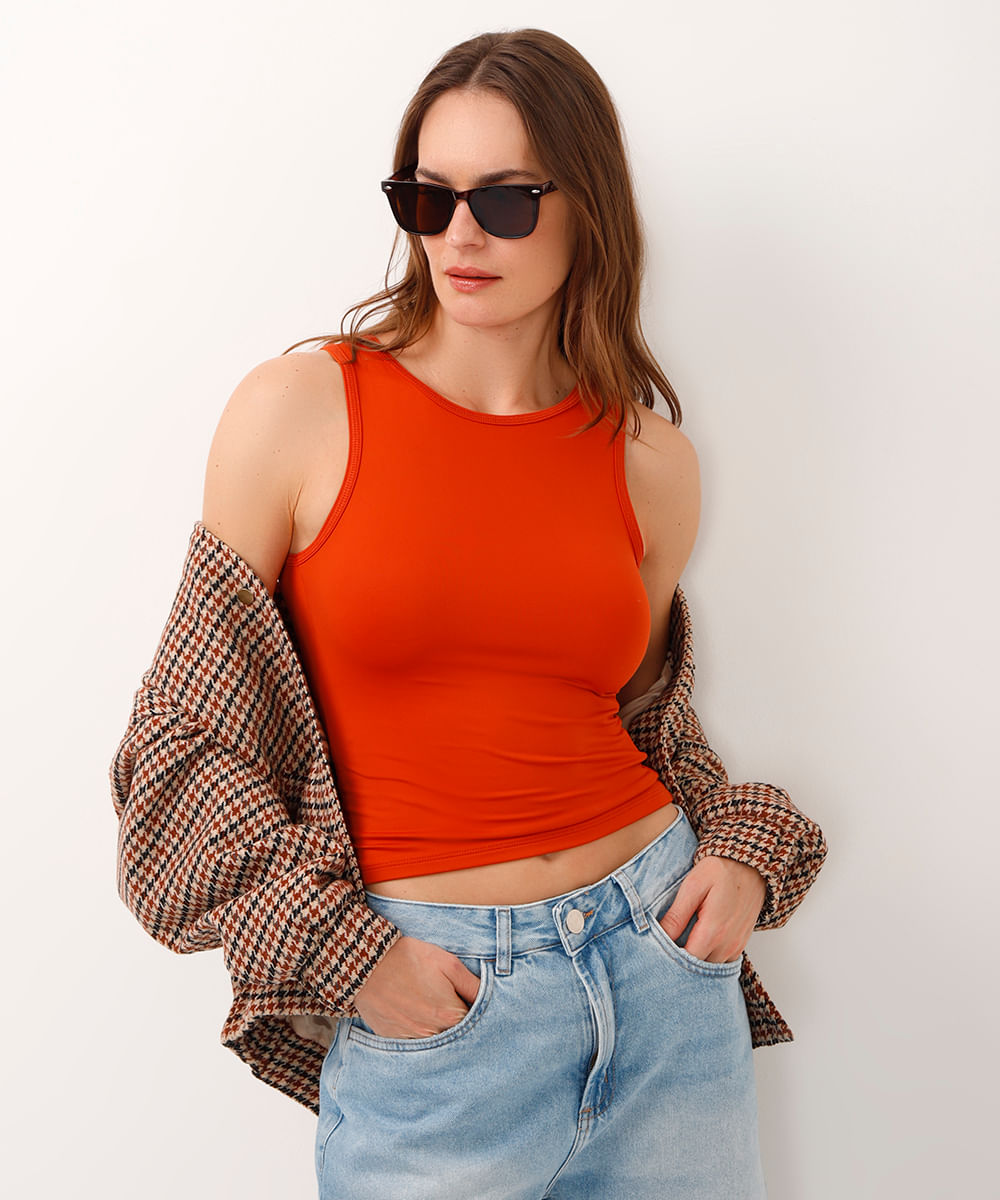 regata cropped alongada decote redondo laranja