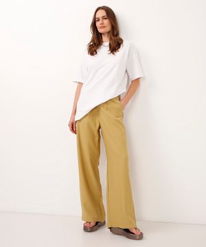 calça wide leg de viscose cintura alta - kaki