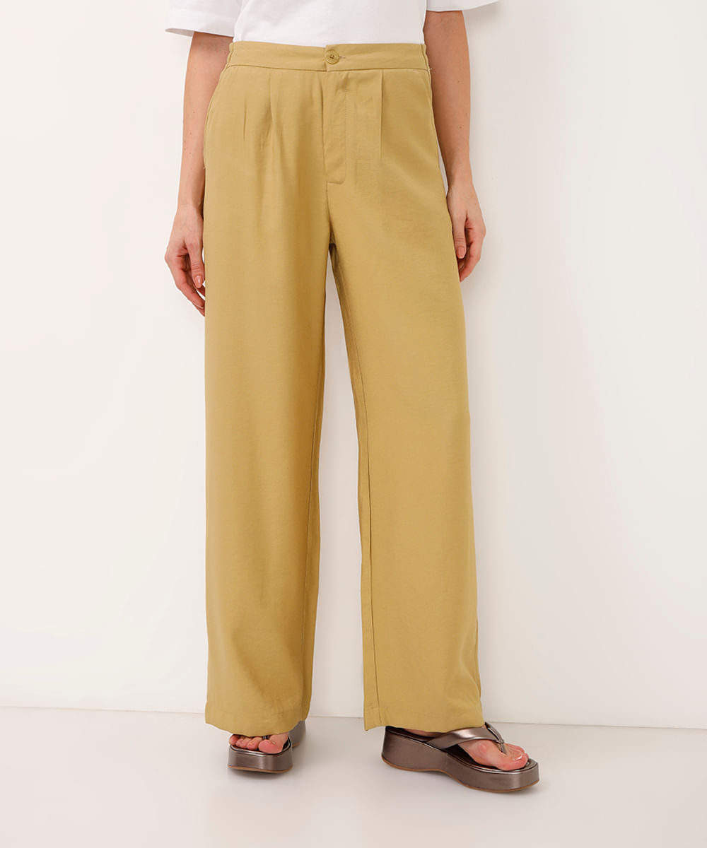 calça wide leg de viscose cintura alta - kaki
