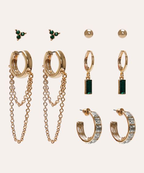 kit de 5 pares de brincos com pedraria dourado