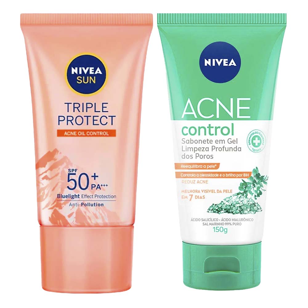 NIVEA Kit – Protetor Solar Facial Sun Triple Protect Antiacne FPS50 40ml + Sabonete Facial em Gel Acne Control Limpeza Profunda 150ml