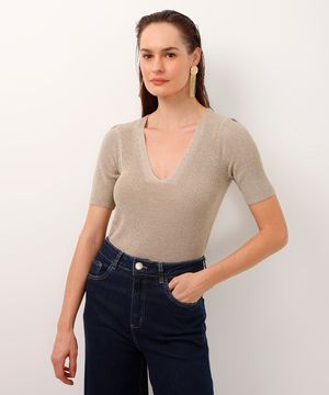 blusa de tricot decote v com brilho dourada