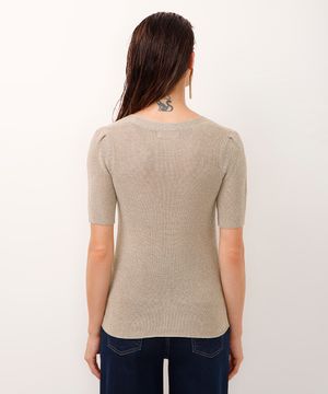 blusa de tricot decote v com brilho dourada