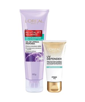 L’Oréal Paris Antioleosidade Kit – Gel de Limpeza Profunda Revitalift Hialurônico 40g + Protetor Solar Diário UV Defender FPS60 40g