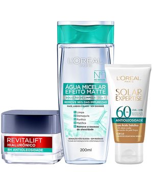 L’Oréal Paris Kit – Água Micelar Efeito Matte 200ml + Gel Creme Antioleosidade 50ml + Protetor Solar com Cor FPS60 – Média 40g