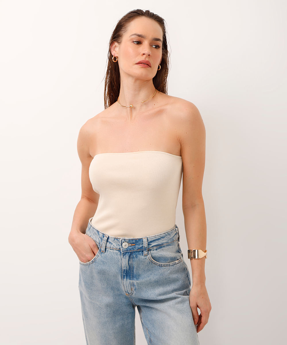 top de tricot sem alça bege