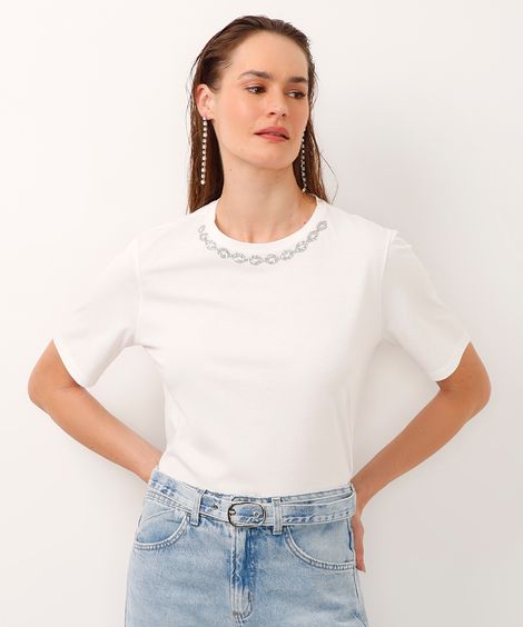 camiseta de algodão manga curta aplicação de brilho off white