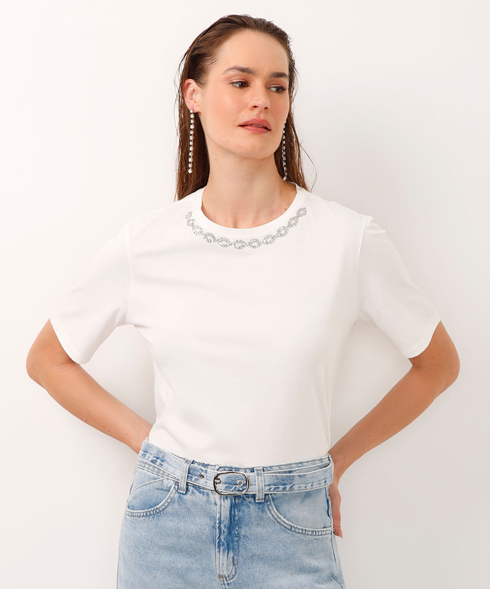 camiseta de algodão manga curta aplicação de brilho off white