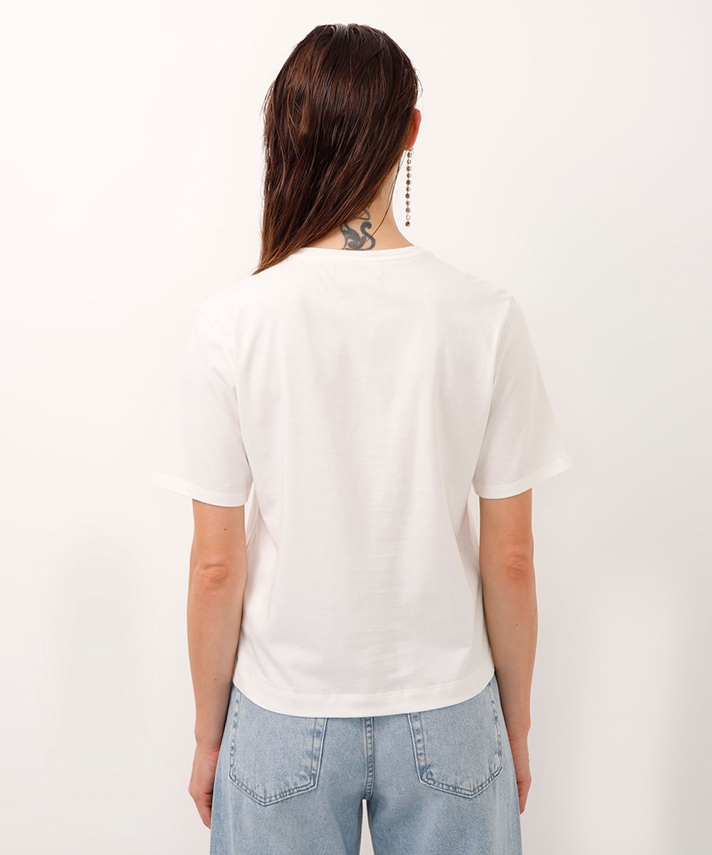 camiseta de algodão manga curta aplicação de brilho off white