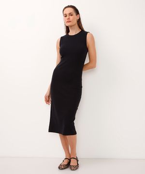 vestido midi de algodão canelado preto