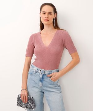 blusa de tricot decote v com brilho rosa