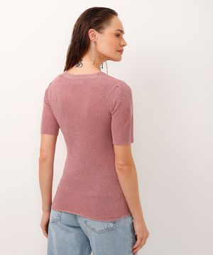 blusa de tricot decote v com brilho rosa