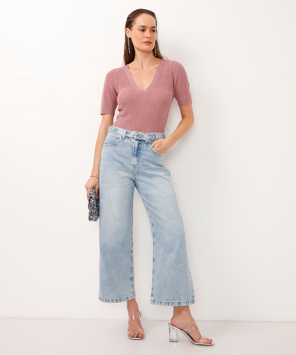blusa de tricot decote v com brilho rosa