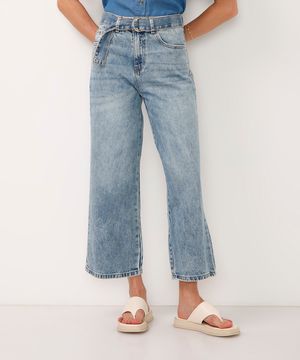 calça wide leg cropped jeans cintura alta com cinto azul