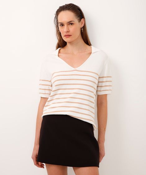 blusa de tricot decote v listrada off white