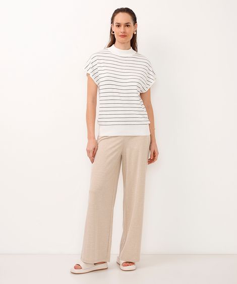 calça wide leg cropped de alfaiataria cós com elástico bege