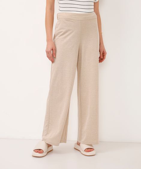 calça wide leg cropped de alfaiataria cós com elástico bege