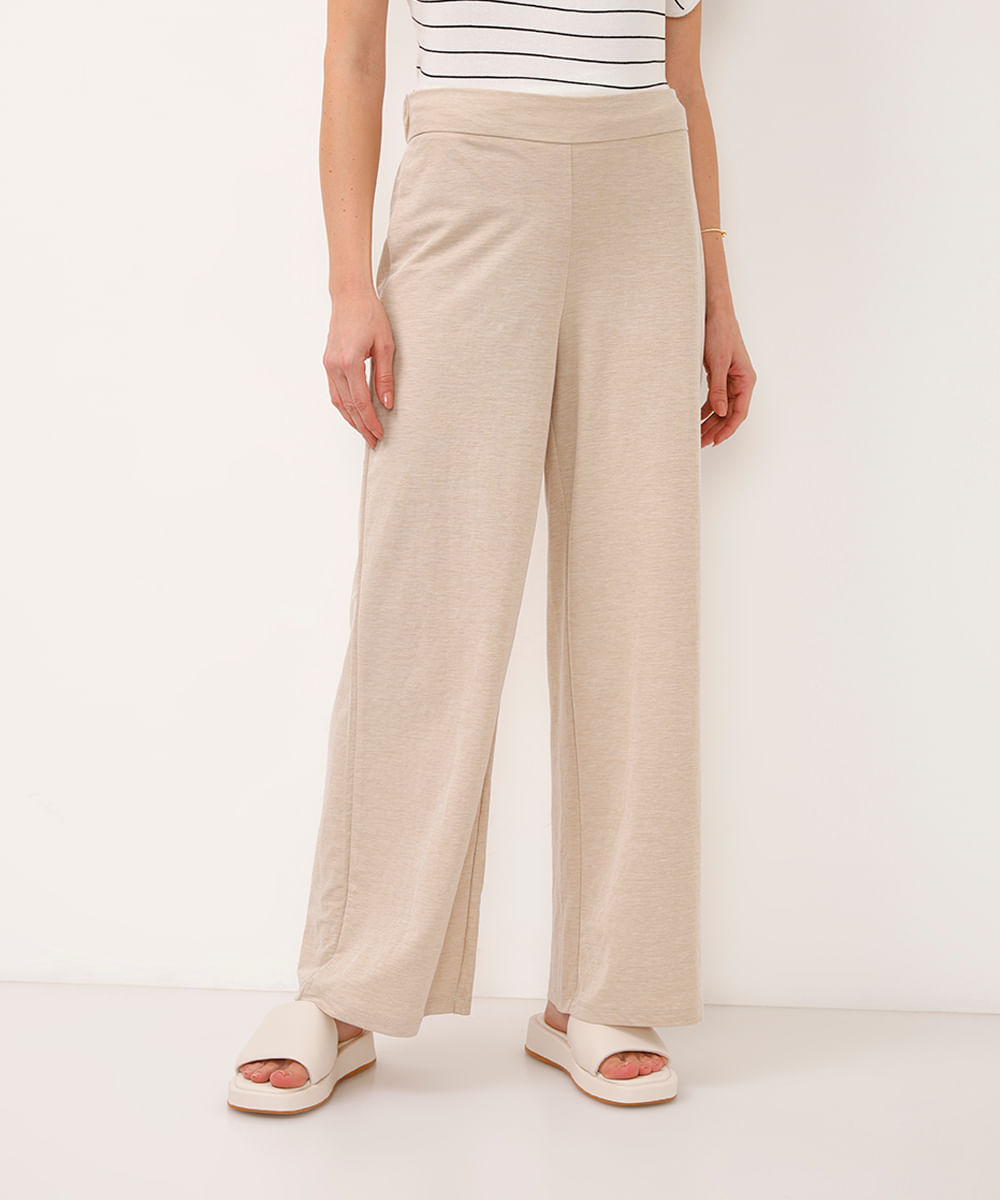 calça wide leg cropped de alfaiataria cós com elástico bege