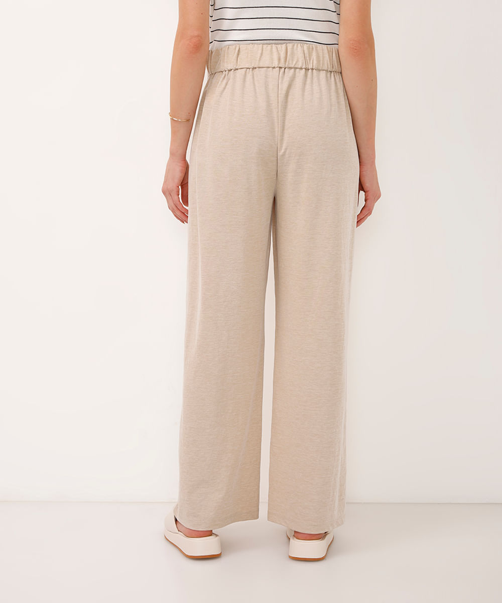 calça wide leg cropped de alfaiataria cós com elástico bege