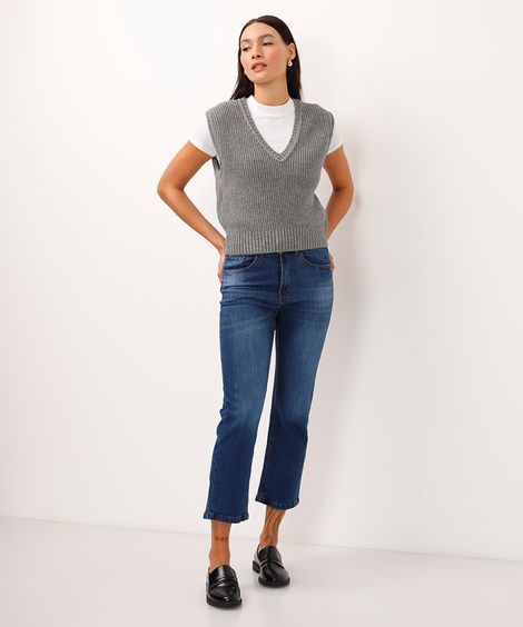 calça boot cut cropped jeans cintura alta azul