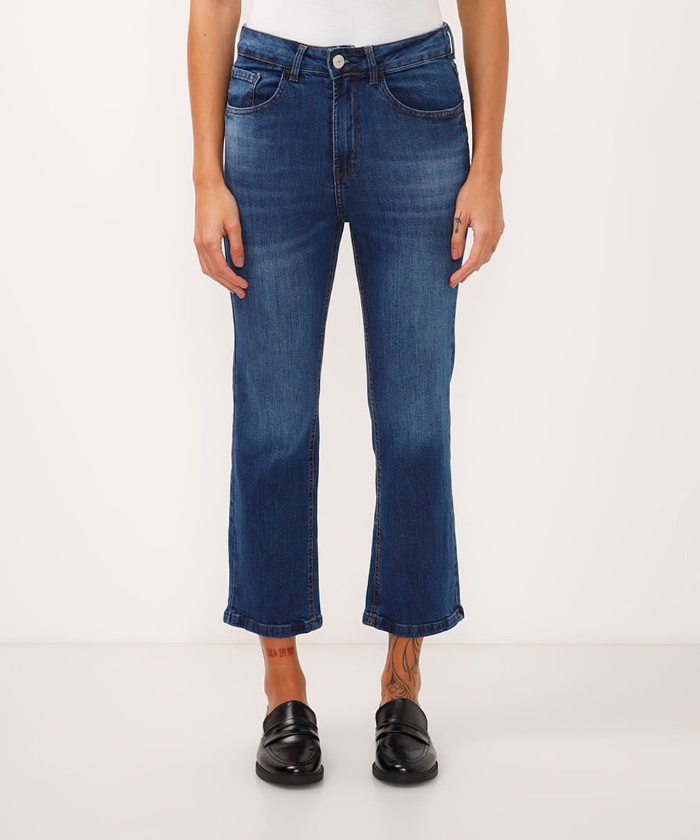 calça boot cut cropped jeans cintura alta azul