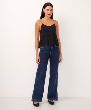 calça wide leg jeans cintura alta com fenda sawary azul