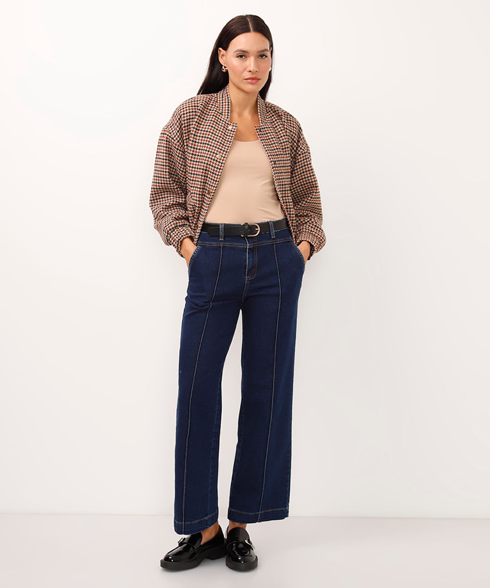 calça wide leg jeans cintura alta com nervura sawary azul