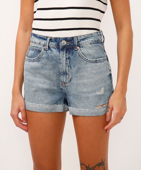 short mom jeans cintura alta destroyed azul