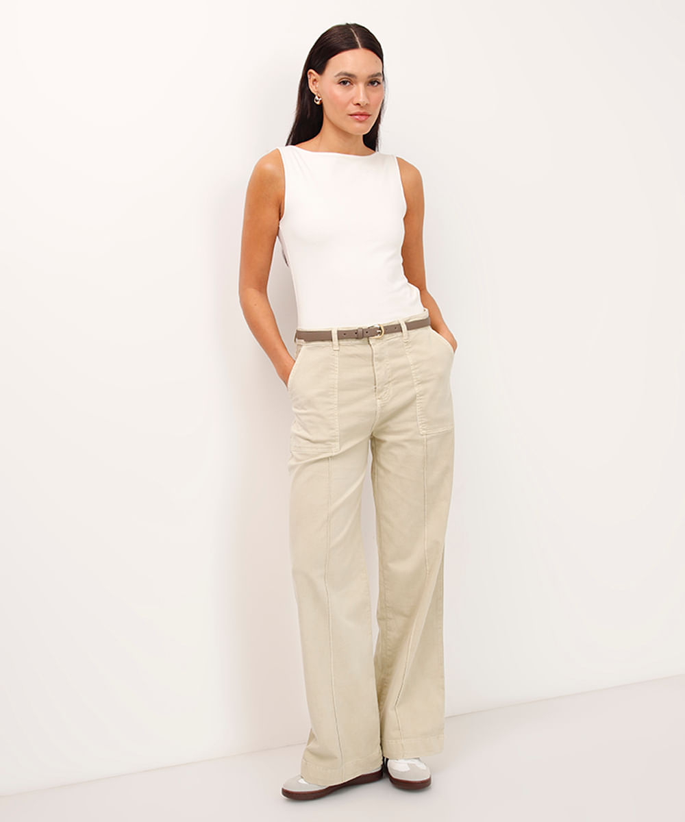 calça wide leg de sarja cintura alta com nervura sawary bege