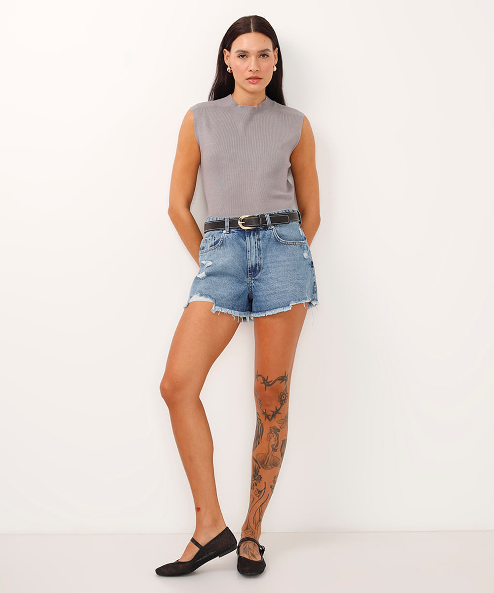 short curto jeans barra desfiada azul