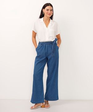 calça wide leg jeans cintura alta com cinto faixa azul