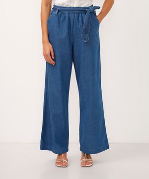 calça wide leg jeans cintura alta com cinto faixa azul