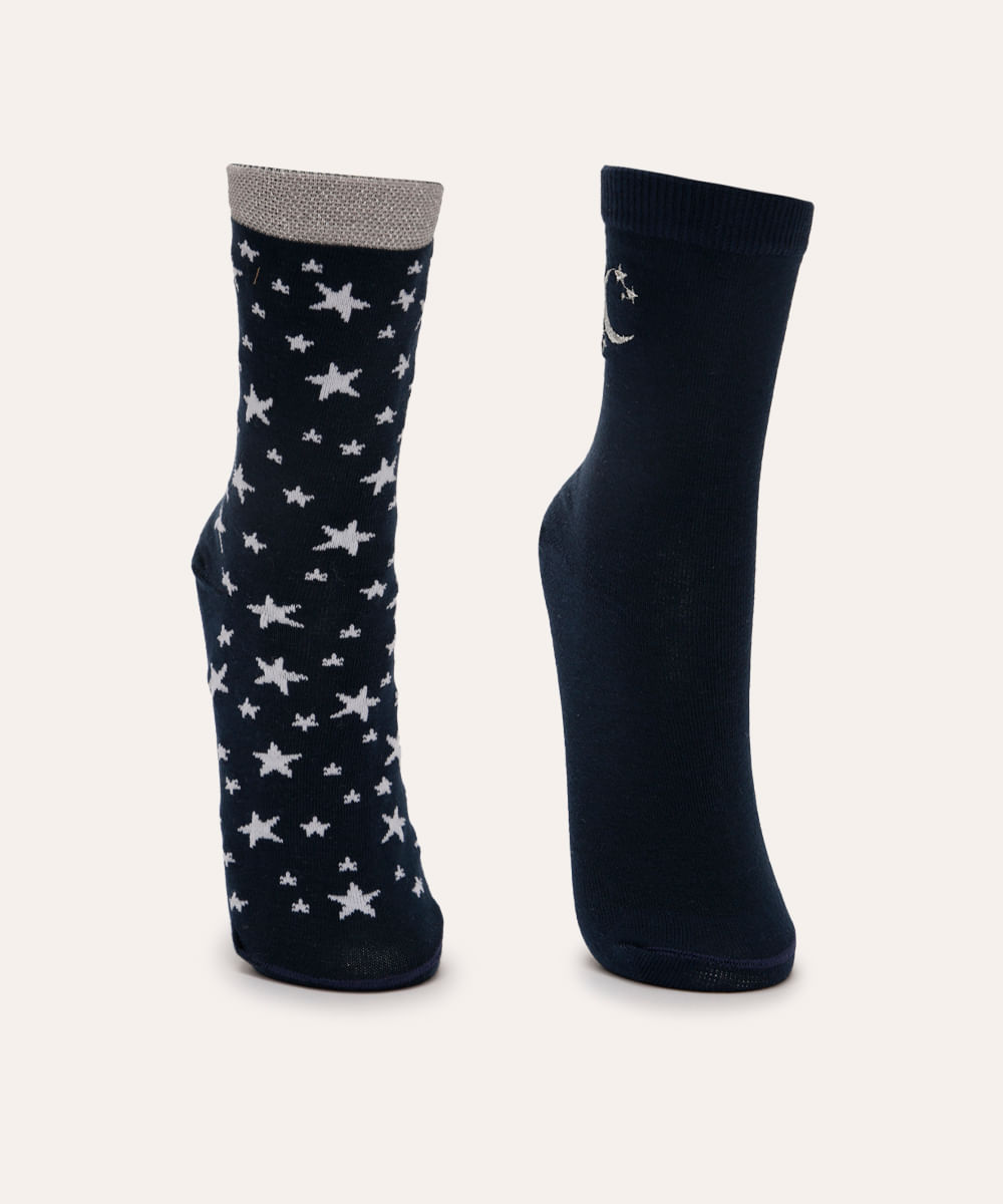 kit 2 pares de meias lua e estrelas azul marinho