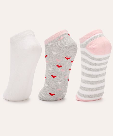 kit de 3 pares de meias cano baixo corações colorido