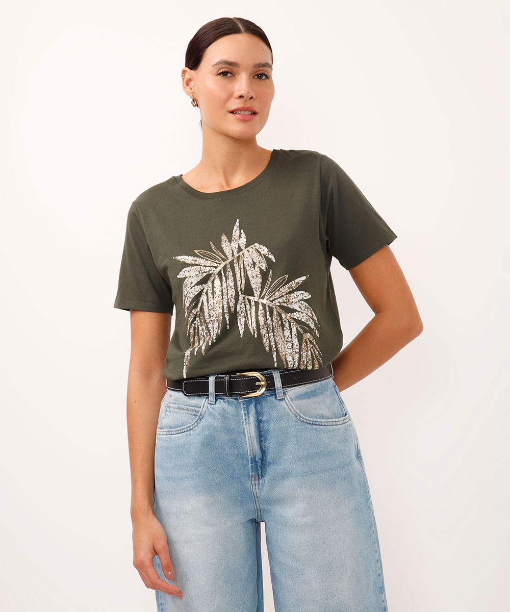 camiseta de algodão manga curta folhagem metalizada verde