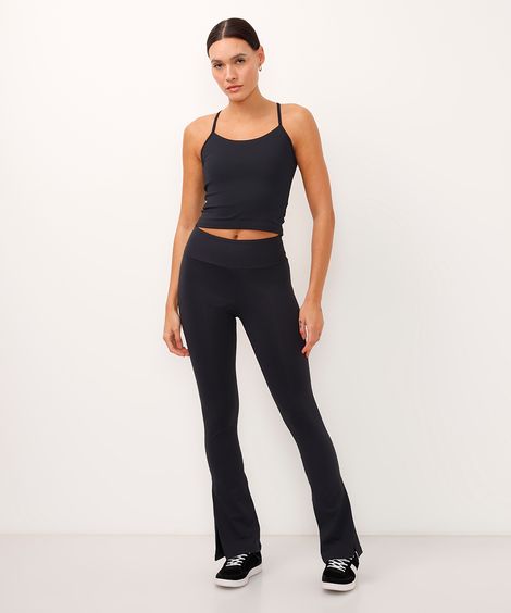calça flare cintura alta com fenda esportiva preta