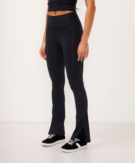 calça flare cintura alta com fenda esportiva preta