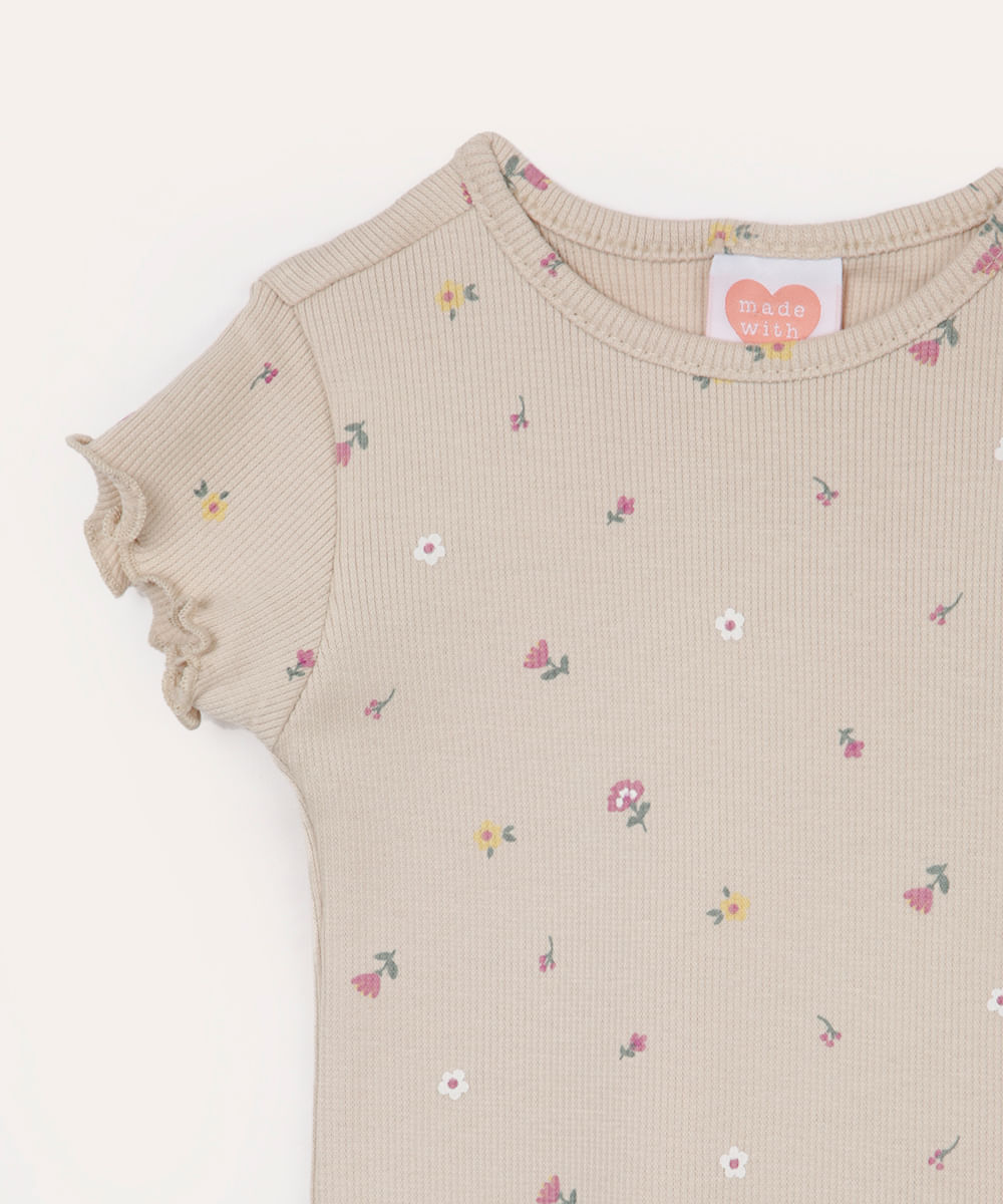 blusa infantil de algodão floral fru fru bege