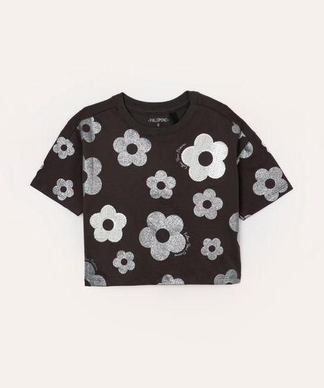 camiseta de algodão infantil floral com paête cinza